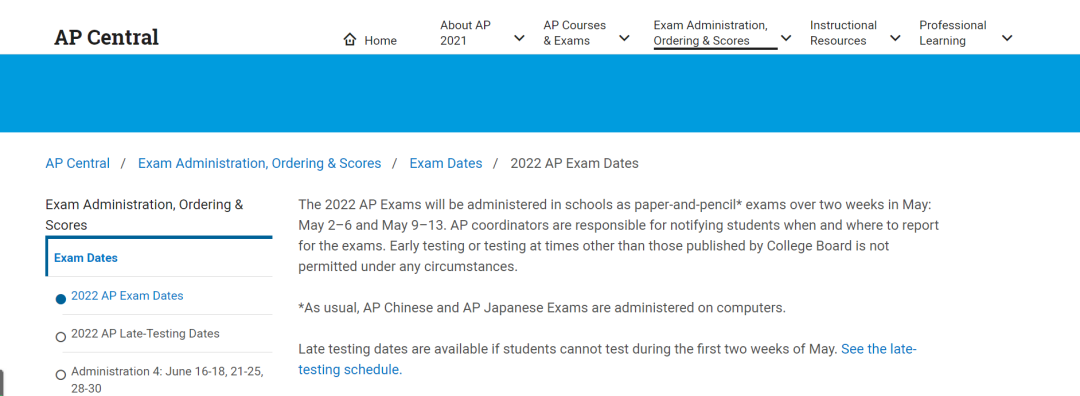 2022年AP考试时间