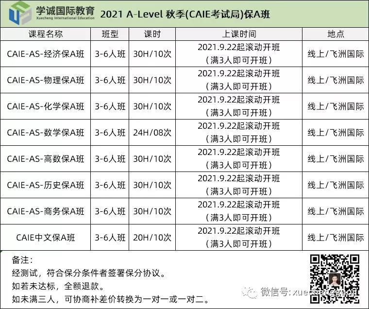 学诚国际教育2021Alevel秋季保A班