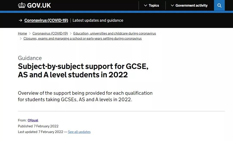 英国教育部和考试监管机构Ofqual再次确定2022年夏季GCSE/A Level考试将继续进行