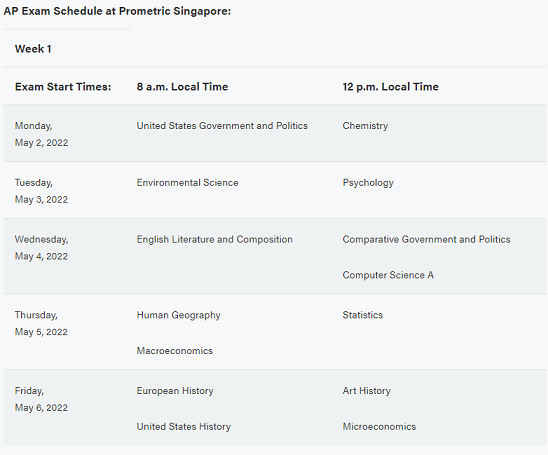 Prometric新加坡考区 AP常规考试：2022年5月2-13日