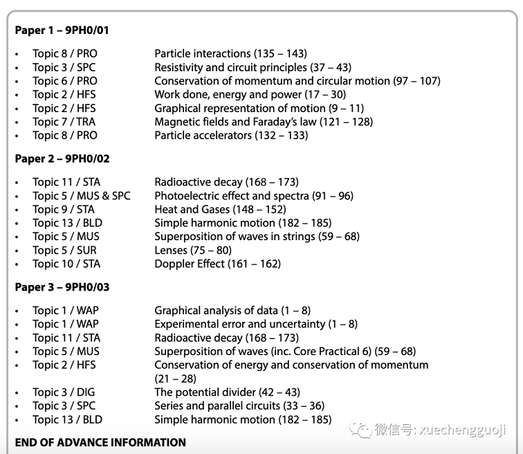 A-Level物理考试预先信息内容