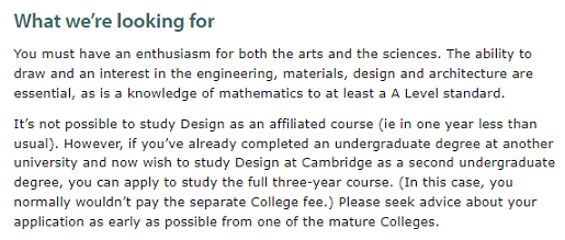 剑桥设计专业想要的申请者